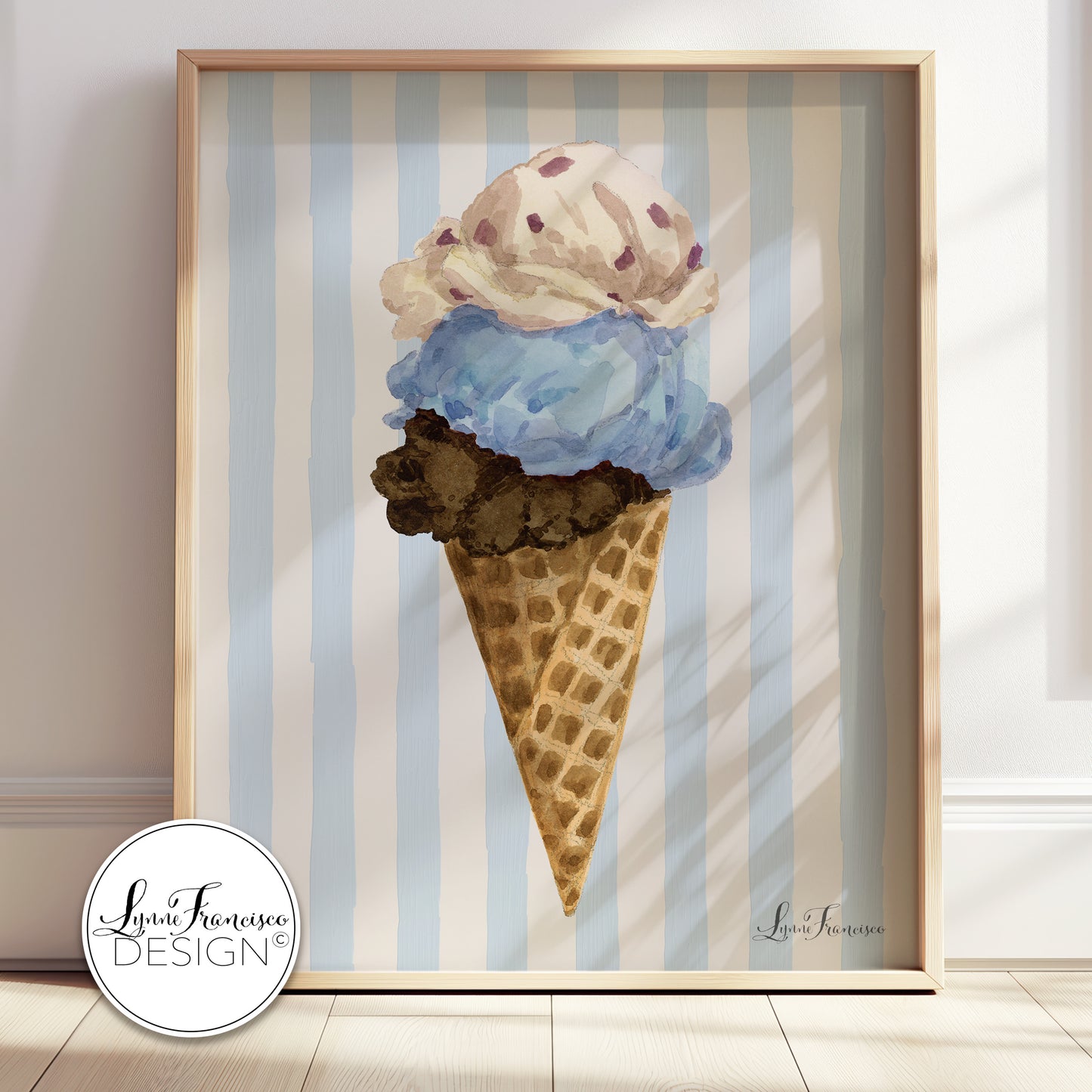 Watercolor Blueberry Ice Cream Cone Fine Art Print 2616BS