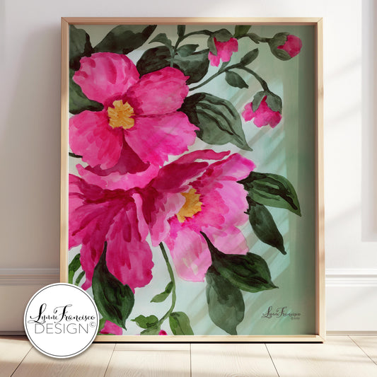 Deep Pink & Green Watercolor Floral Fine Art Print #2502PA