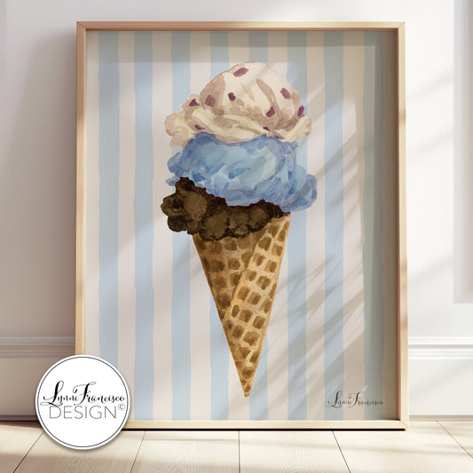 Watercolor Blueberry Ice Cream Cone Fine Art Print 2616BS