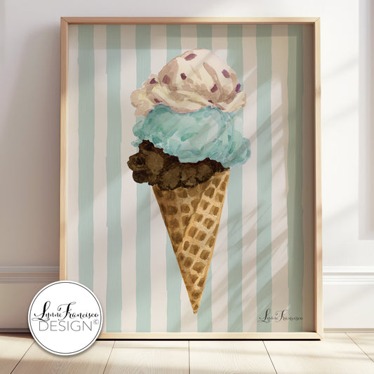 Watercolor Aqua Mint Ice Cream Cone Fine Art Print 2616AMS