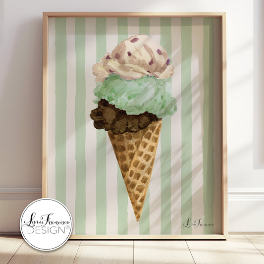 Watercolor Mint Green Ice Cream Cone Fine Art Print 2616MGS