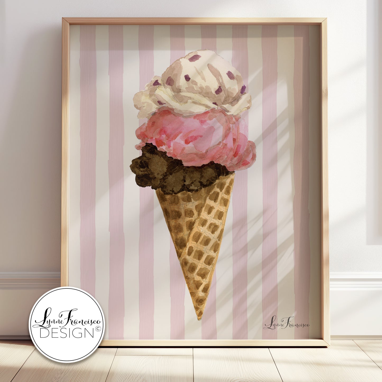 Watercolor Strawberry Ice Cream Cone Fine Art Print 2616PS