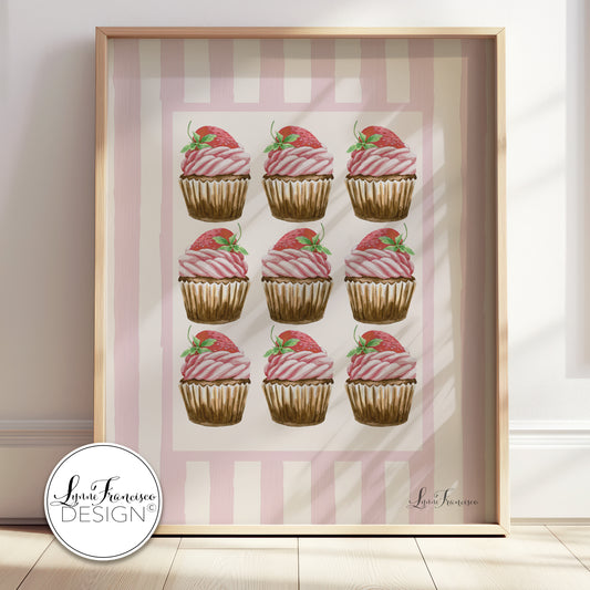 Watercolor Strawberry Cupcakes Fine Art Print 2618PS